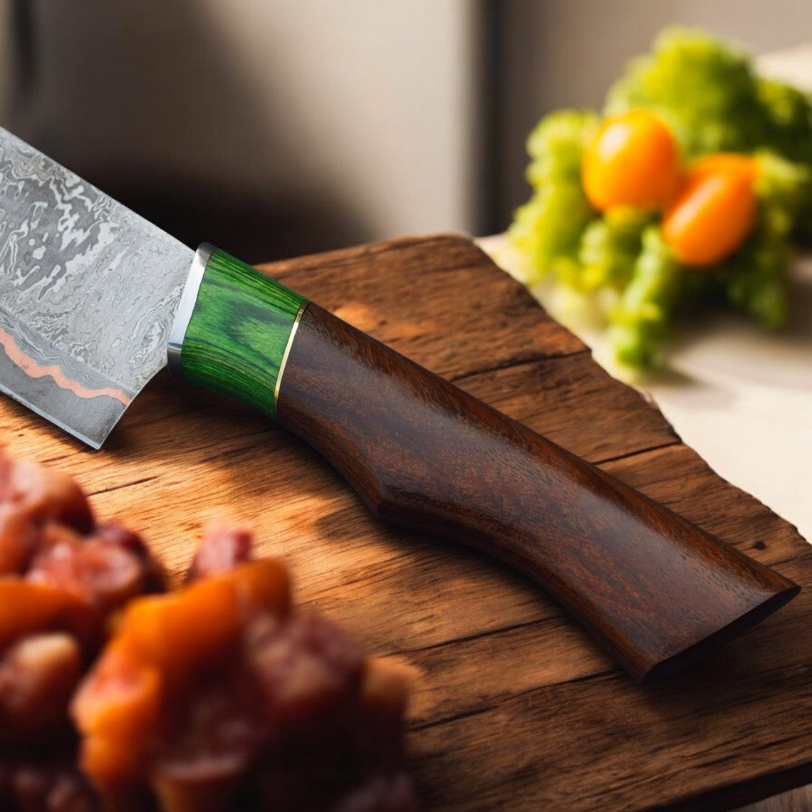 Handmade Copper Damascus Chef Knife – 8” Blade with Genuine Leather Sheath