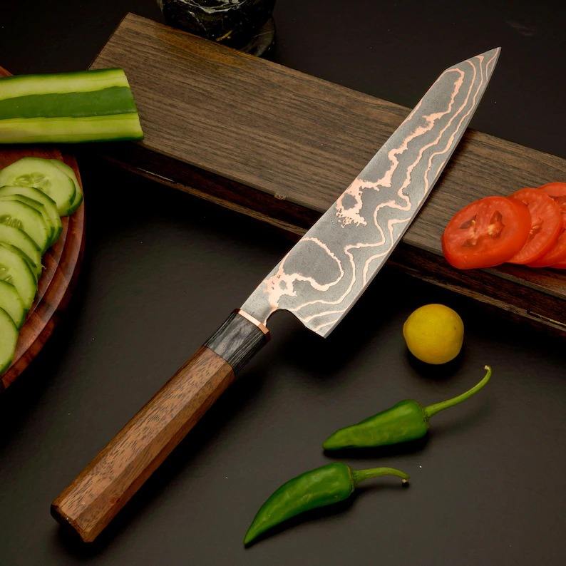 Copper Damascus Chef Knife – 8” Professional Kitchen Knife Slicing vegetables