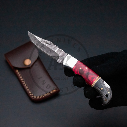 Red Handmade Damascus Steel Hunting Knife | Laminated Wood Handle | Fixed Blade Custom Knife