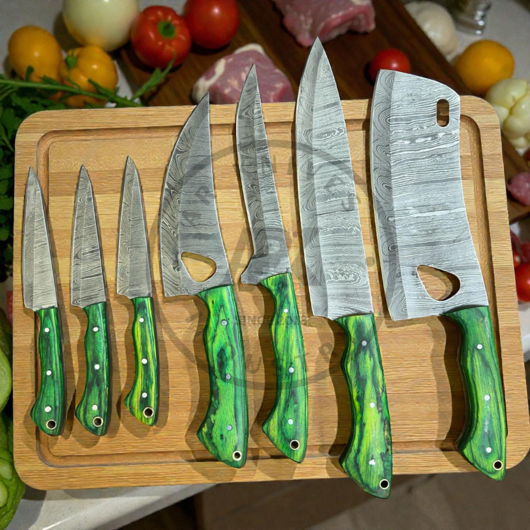 Premium Damascus Steel Kitchen Knife Set (7-Piece) – Hand-Forged Chef Knives Green & Black Wood Handles