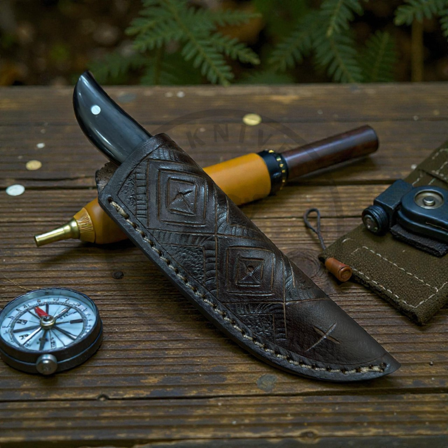 Handmade Stainless Steel Damascus Hunting Knife | Fixed Blade Outdoor Survival Knife with Leather Sheath