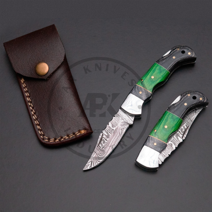Handmade Damascus Steel Folding pocket knife Green Pakka Wood Handle with Steel Bolster