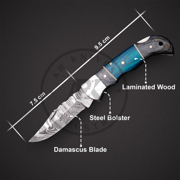 Handmade Damascus Steel Fixed Blade Knife – Blue Laminated Wood Handle Valentine day EDC USE