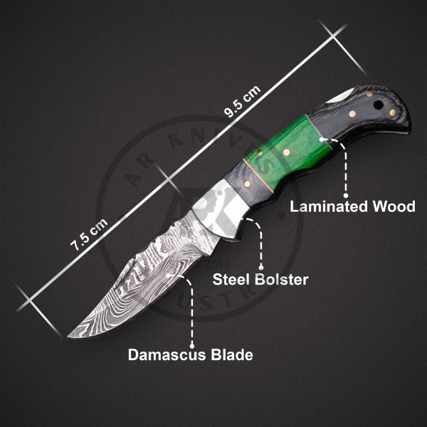 Handmade Damascus Steel Folding pocket knife Green Pakka Wood Handle with Steel Bolster
