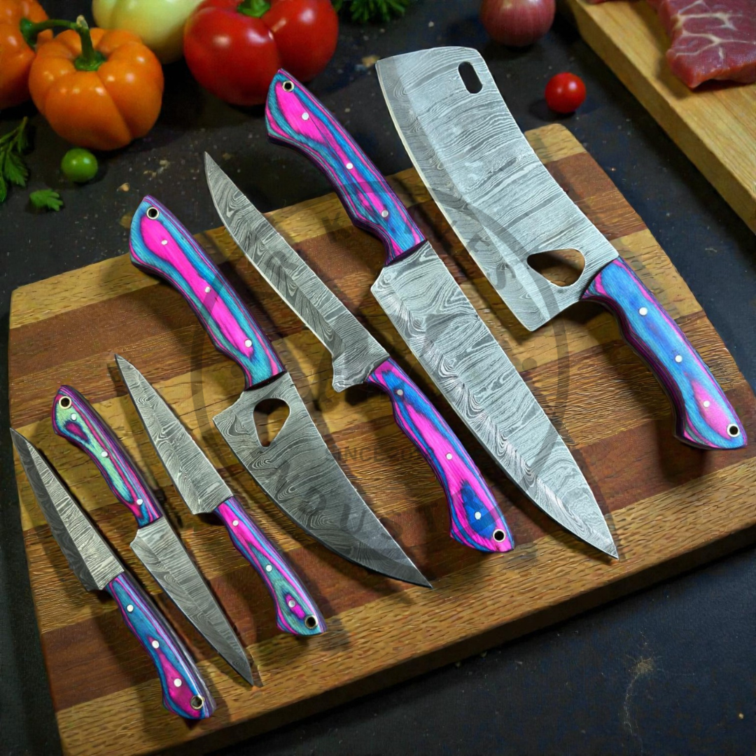 Handmade Damascus Steel Kitchen Knife Set – 7 PCS Professional Chef Knife Set with Color Wood Handles