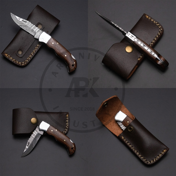 Handmade Damascus Steel Back Lock Folding Pocket Knife Rose Wood Handle gift for him