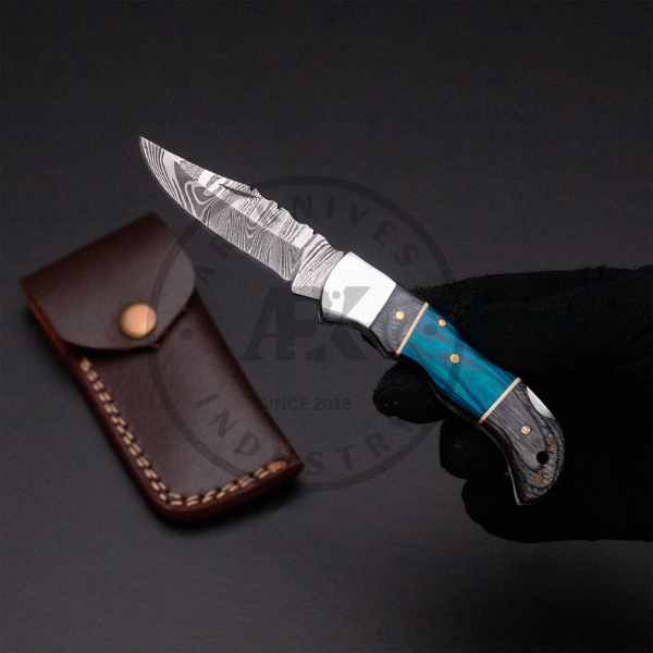 Handmade Damascus Steel Fixed Blade Knife – Blue Laminated Wood Handle Valentine day EDC USE