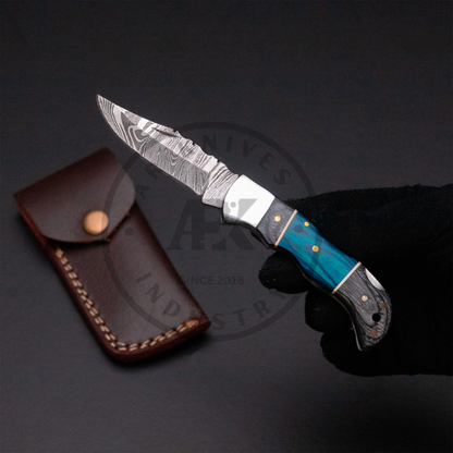 Handmade Damascus Steel Fixed Blade Knife – Blue Laminated Wood Handle Valentine day EDC USE