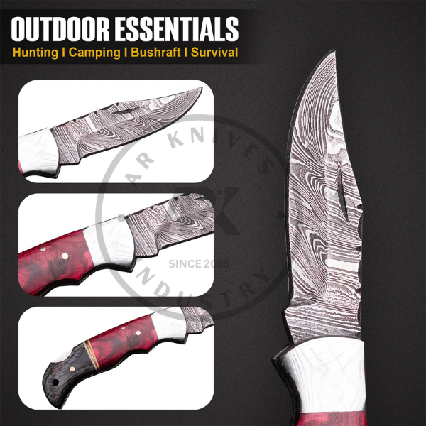 Red Handmade Damascus Steel Hunting Knife | Laminated Wood Handle | Fixed Blade Custom Knife
