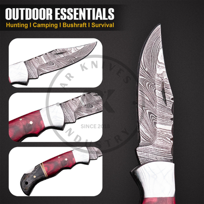 Red Handmade Damascus Steel Hunting Knife | Laminated Wood Handle | Fixed Blade Custom Knife