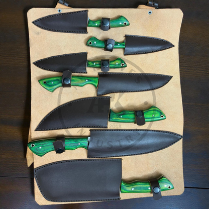 Premium Damascus Steel Kitchen Knife Set (7-Piece) – Hand-Forged Chef Knives Green & Black Wood Handles