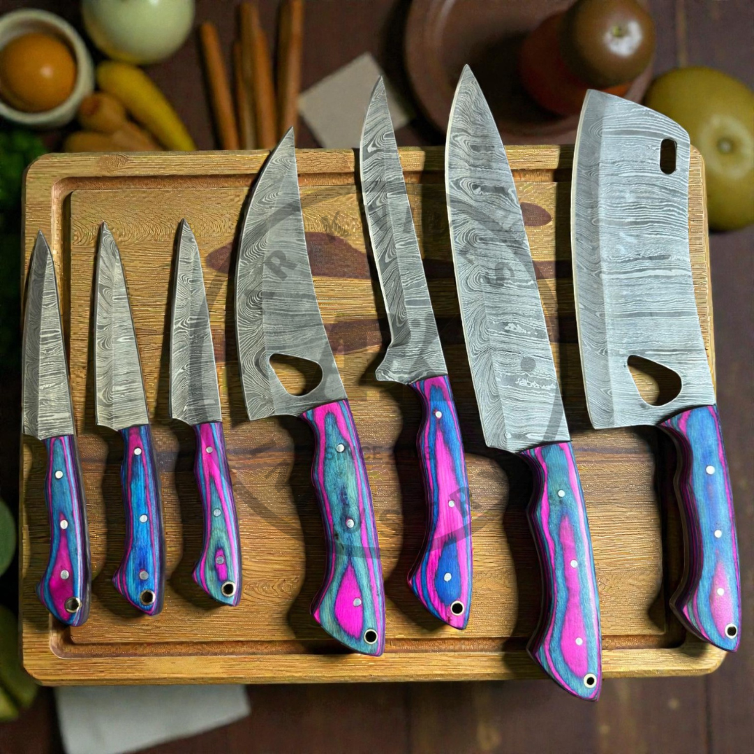 Handmade Damascus Steel Kitchen Knife Set – 7 PCS Professional Chef Knife Set with Color Wood Handles