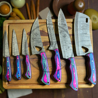 Handmade Damascus Steel Kitchen Knife Set – 7 PCS Professional Chef Knife Set with Color Wood Handles