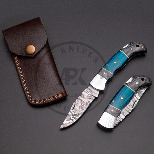 Handmade Damascus Steel Fixed Blade Knife – Blue Laminated Wood Handle Valentine day EDC USE