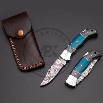 Handmade Damascus Steel Fixed Blade Knife – Blue Laminated Wood Handle Valentine day EDC USE
