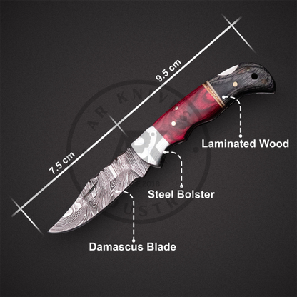 Red Handmade Damascus Steel Hunting Knife | Laminated Wood Handle | Fixed Blade Custom Knife