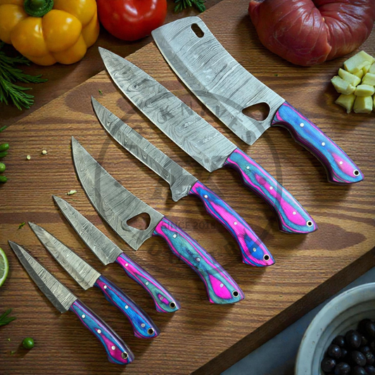 Handmade Damascus Steel Kitchen Knife Set – 7 PCS Professional Chef Knife Set with Color Wood Handles