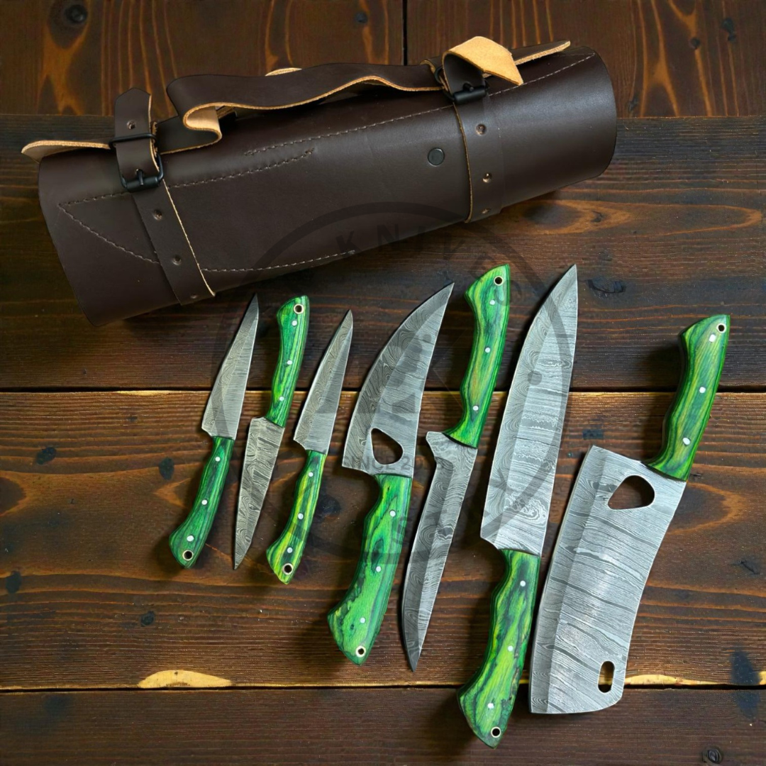 Premium Damascus Steel Kitchen Knife Set (7-Piece) – Hand-Forged Chef Knives Green & Black Wood Handles