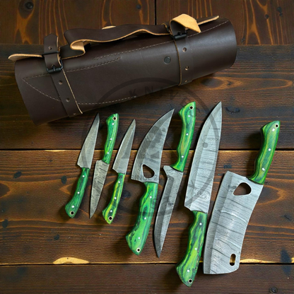 Premium Damascus Steel Kitchen Knife Set (7-Piece) – Hand-Forged Chef Knives Green & Black Wood Handles