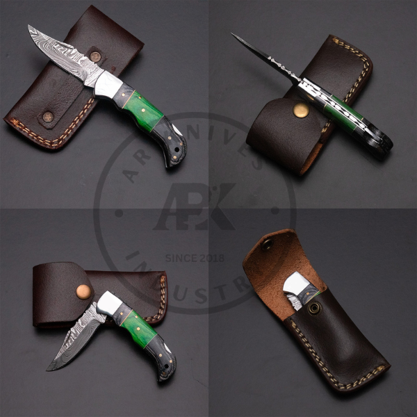 Handmade Damascus Steel Folding pocket knife Green Pakka Wood Handle with Steel Bolster