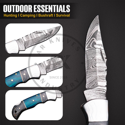 Handmade Damascus Steel Fixed Blade Knife – Blue Laminated Wood Handle Valentine day EDC USE