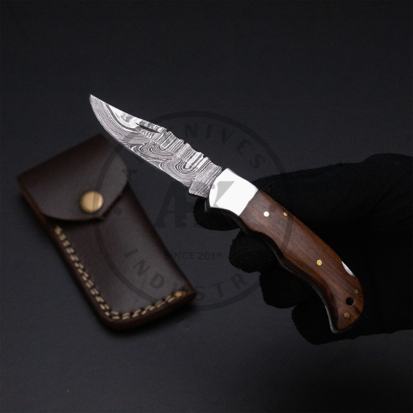 Handmade Damascus Steel Back Lock Folding Pocket Knife Rose Wood Handle gift for him