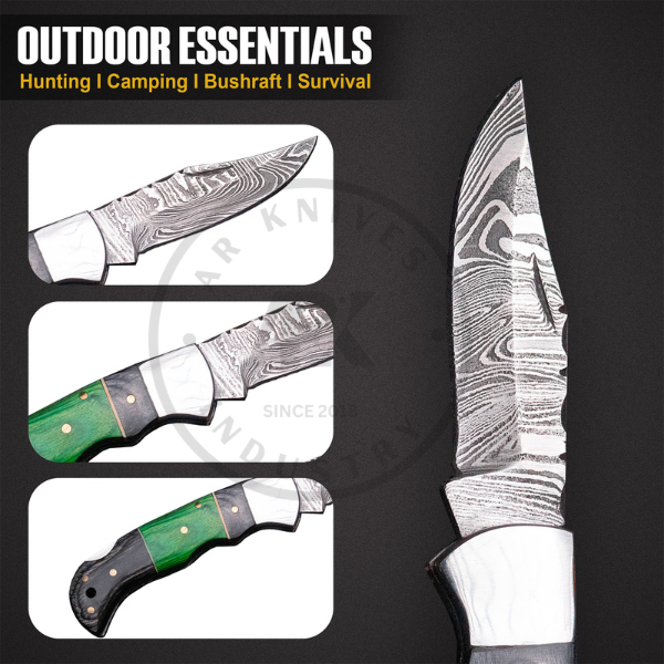 Handmade Damascus Steel Folding pocket knife Green Pakka Wood Handle with Steel Bolster