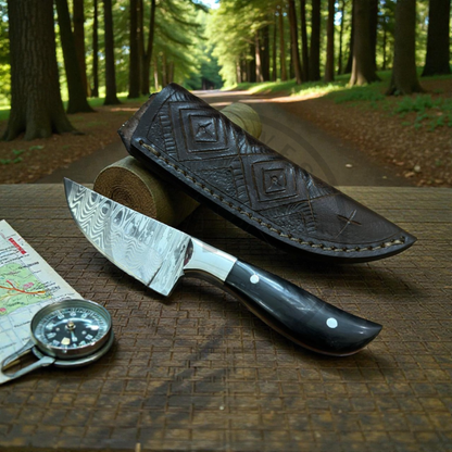 Handmade Stainless Steel Damascus Hunting Knife | Fixed Blade Outdoor Survival Knife with Leather Sheath