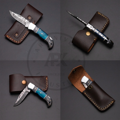 Handmade Damascus Steel Fixed Blade Knife – Blue Laminated Wood Handle Valentine day EDC USE