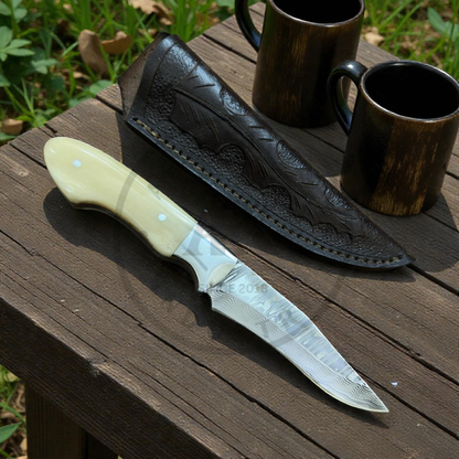 Stainless Damascus Steel Hunting Knife – Fixed Blade Bone Handle Outdoor Knife | Lifetime Warranty
