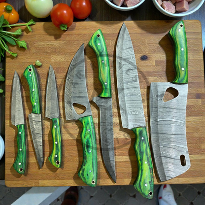 Premium Damascus Steel Kitchen Knife Set (7-Piece) – Hand-Forged Chef Knives Green & Black Wood Handles