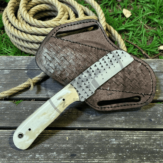 Cowboy Fixed Blade Knife with Leather Sheath Bone handle textured Rasp steel western style