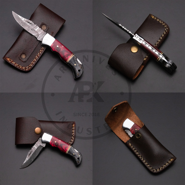 Red Handmade Damascus Steel Hunting Knife | Laminated Wood Handle | Fixed Blade Custom Knife