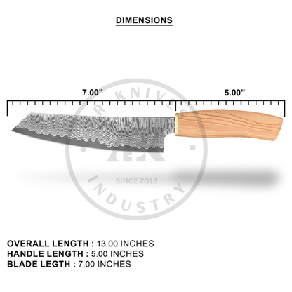 Handmade Damascus Steel Chef Knife 7 Inch Blade | Wooden Handle Professional Kitchen Knife