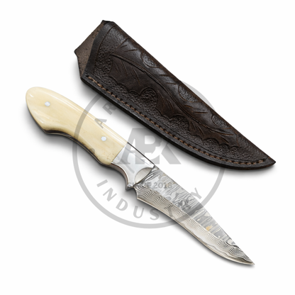Stainless Damascus Steel Hunting Knife – Fixed Blade Bone Handle Outdoor Knife | Lifetime Warranty