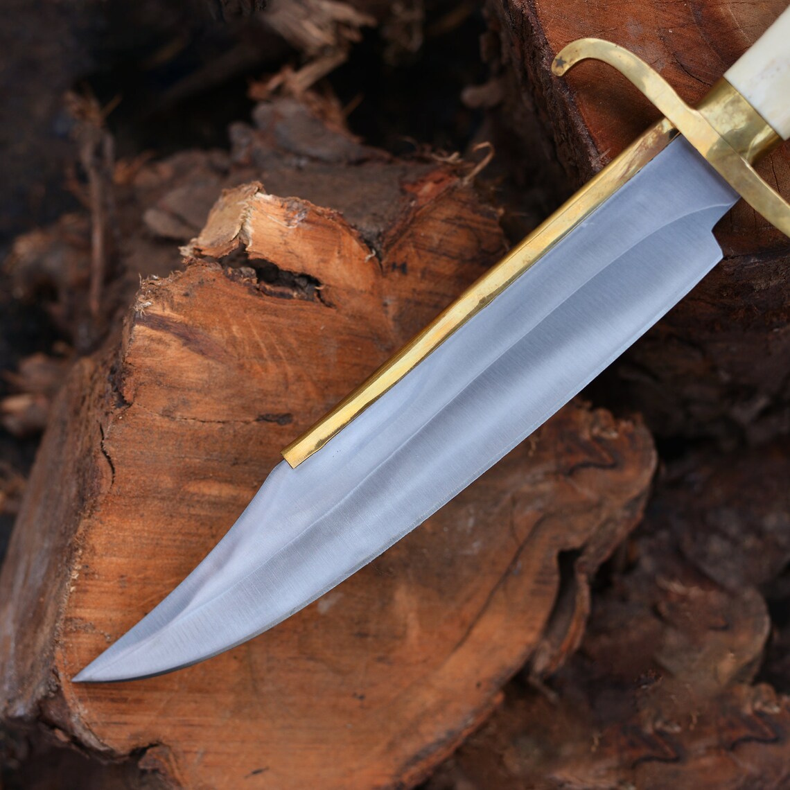 Custom 15" Brass-Spine Bowie Knife – Polished Bone Handle outdoor use Masterpiece