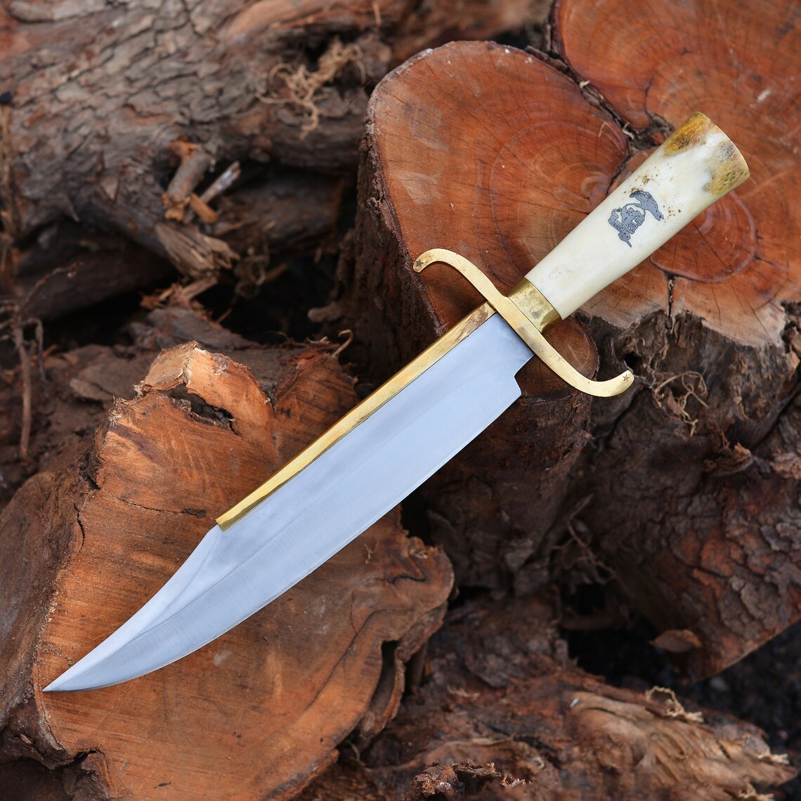 Custom 15" Brass-Spine Bowie Knife – Polished Bone Handle outdoor use Masterpiece