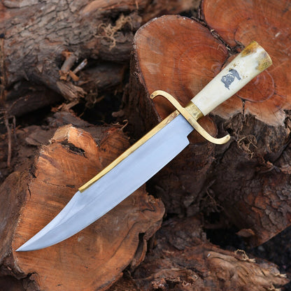 Custom 15" Brass-Spine Bowie Knife – Polished Bone Handle outdoor use Masterpiece