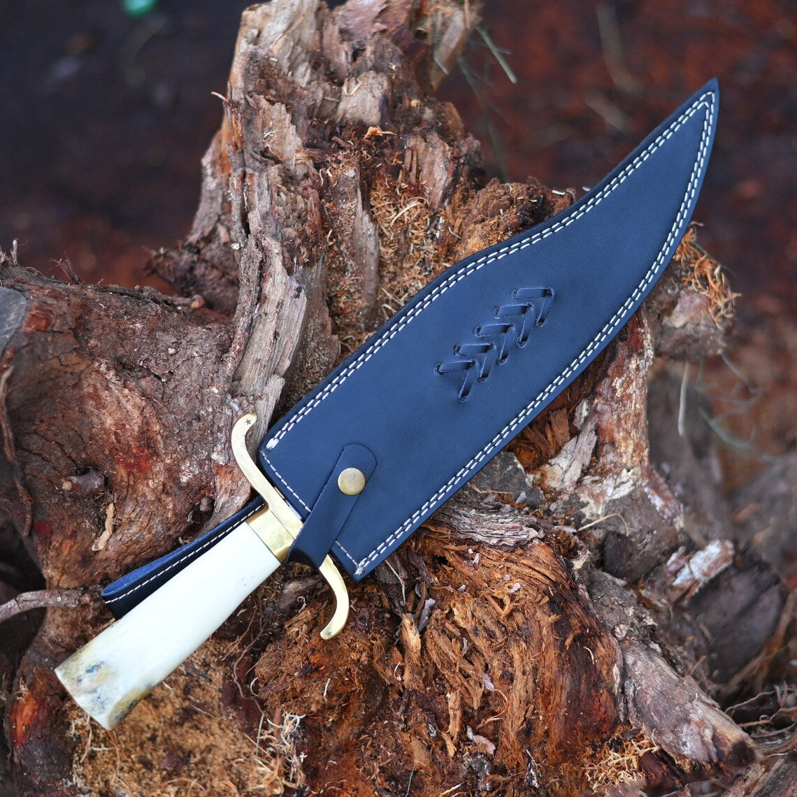 Custom 15" Brass-Spine Bowie Knife – Polished Bone Handle outdoor use Masterpiece