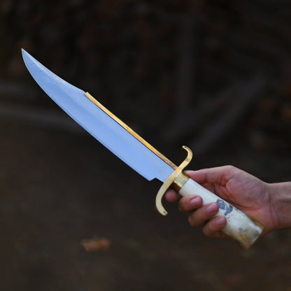 Custom 15" Brass-Spine Bowie Knife – Polished Bone Handle outdoor use Masterpiece