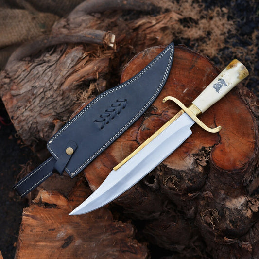 Custom 15" Brass-Spine Bowie Knife – Polished Bone Handle outdoor use Masterpiece
