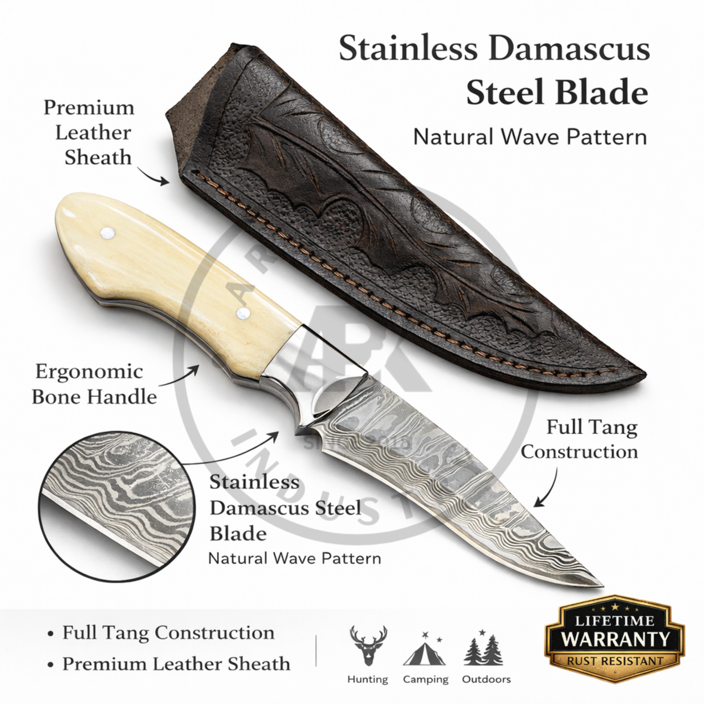 Stainless Damascus Steel Hunting Knife – Fixed Blade Bone Handle Outdoor Knife | Lifetime Warranty