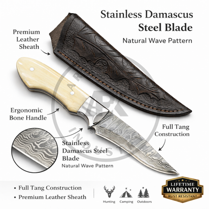 Stainless Damascus Steel Hunting Knife – Fixed Blade Bone Handle Outdoor Knife | Lifetime Warranty
