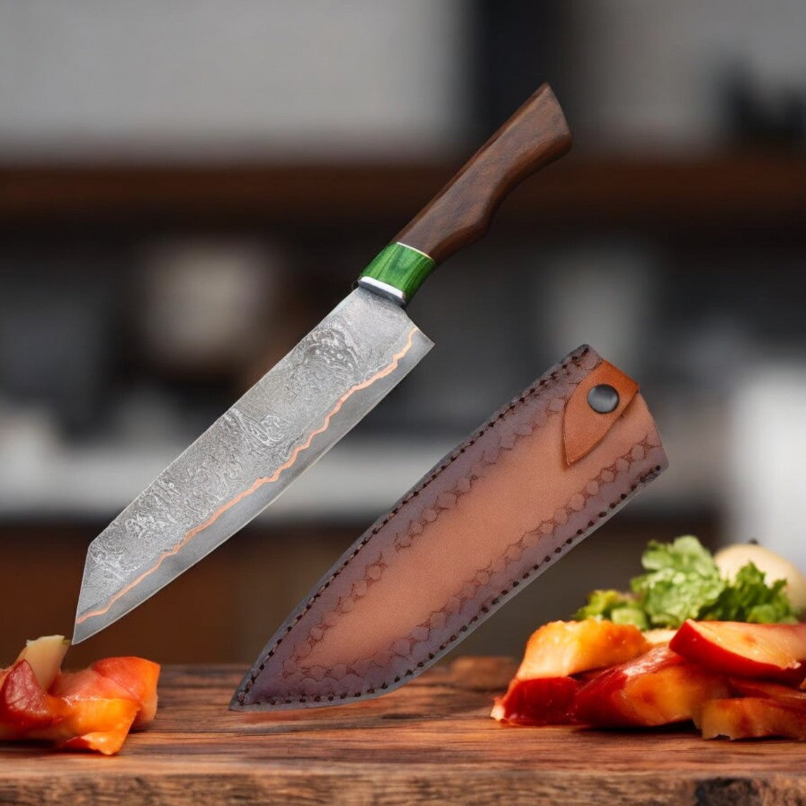 Handmade Copper Damascus Chef Knife – 8” Blade with Genuine Leather Sheath