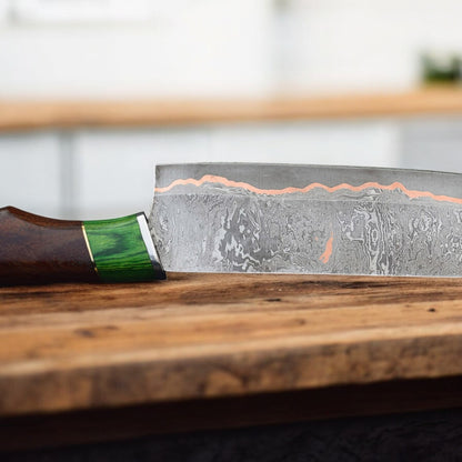 Handmade Copper Damascus Chef Knife – 8” Blade with Genuine Leather Sheath