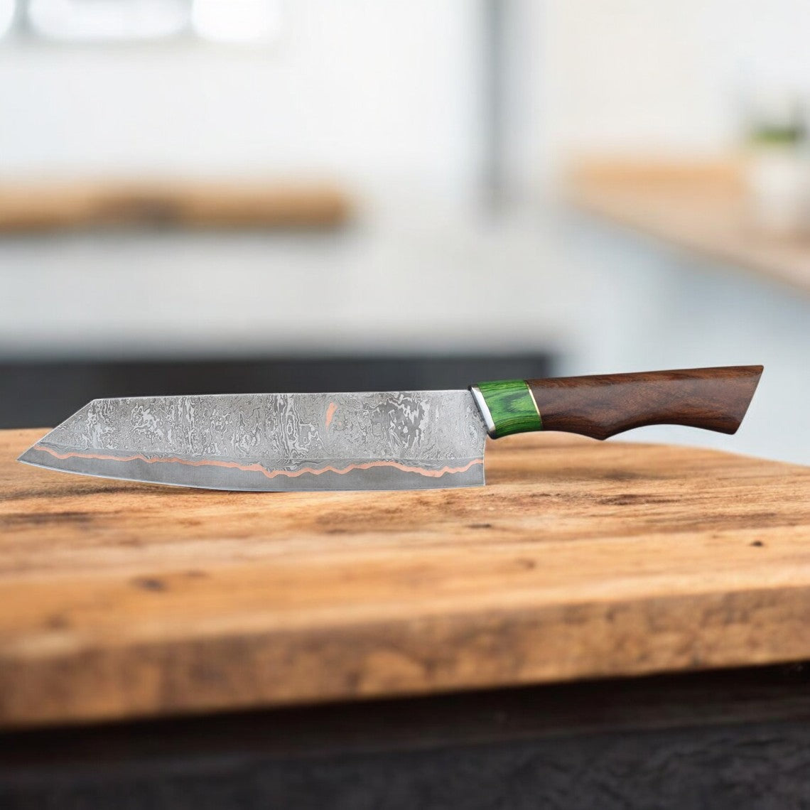 Handmade Copper Damascus Chef Knife – 8” Blade with Genuine Leather Sheath
