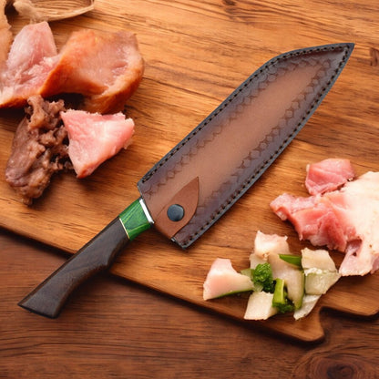 Handmade Copper Damascus Chef Knife – 8” Blade with Genuine Leather Sheath