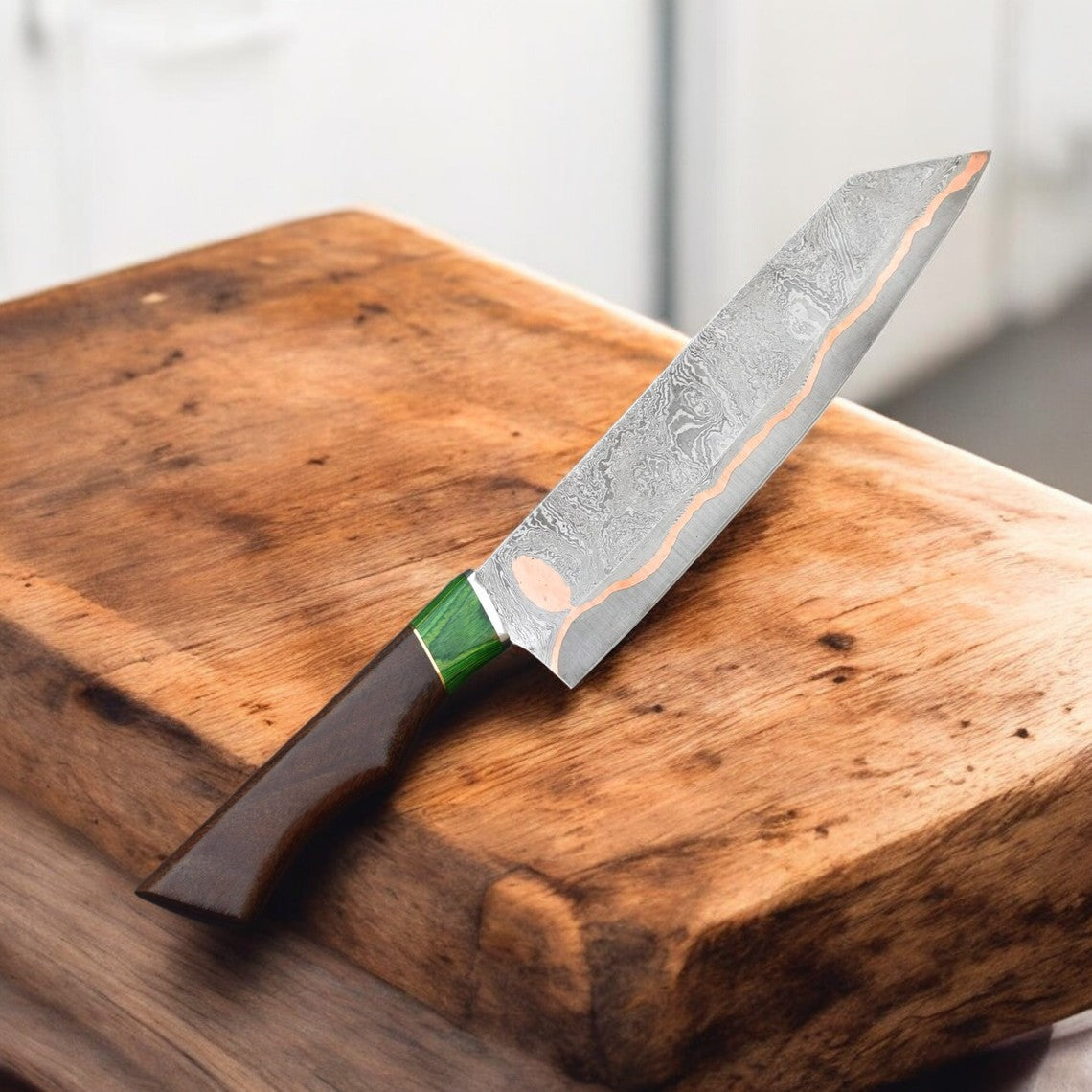 Handmade Copper Damascus Chef Knife – 8” Blade with Genuine Leather Sheath