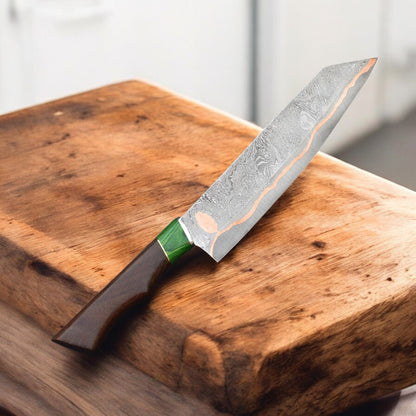 Handmade Copper Damascus Chef Knife – 8” Blade with Genuine Leather Sheath