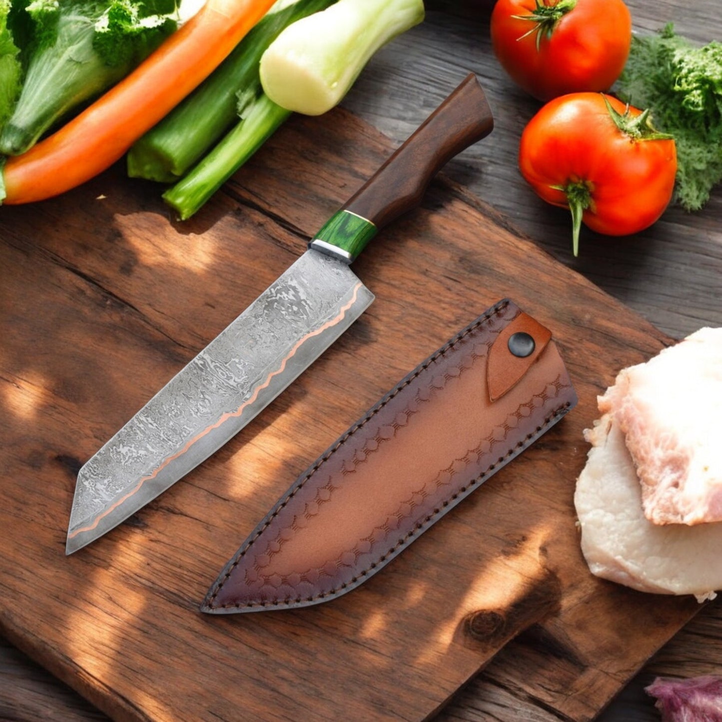 Handmade Copper Damascus Chef Knife – 8” Blade with Genuine Leather Sheath